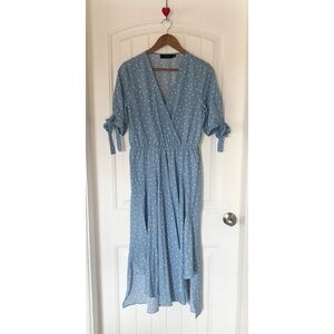 ANGELEYE - Sky Blue Polka Dot Wrap Midi Dress